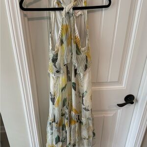 Anthropologie Pleated Floral Halter Maxi Dress in Yellow & Green